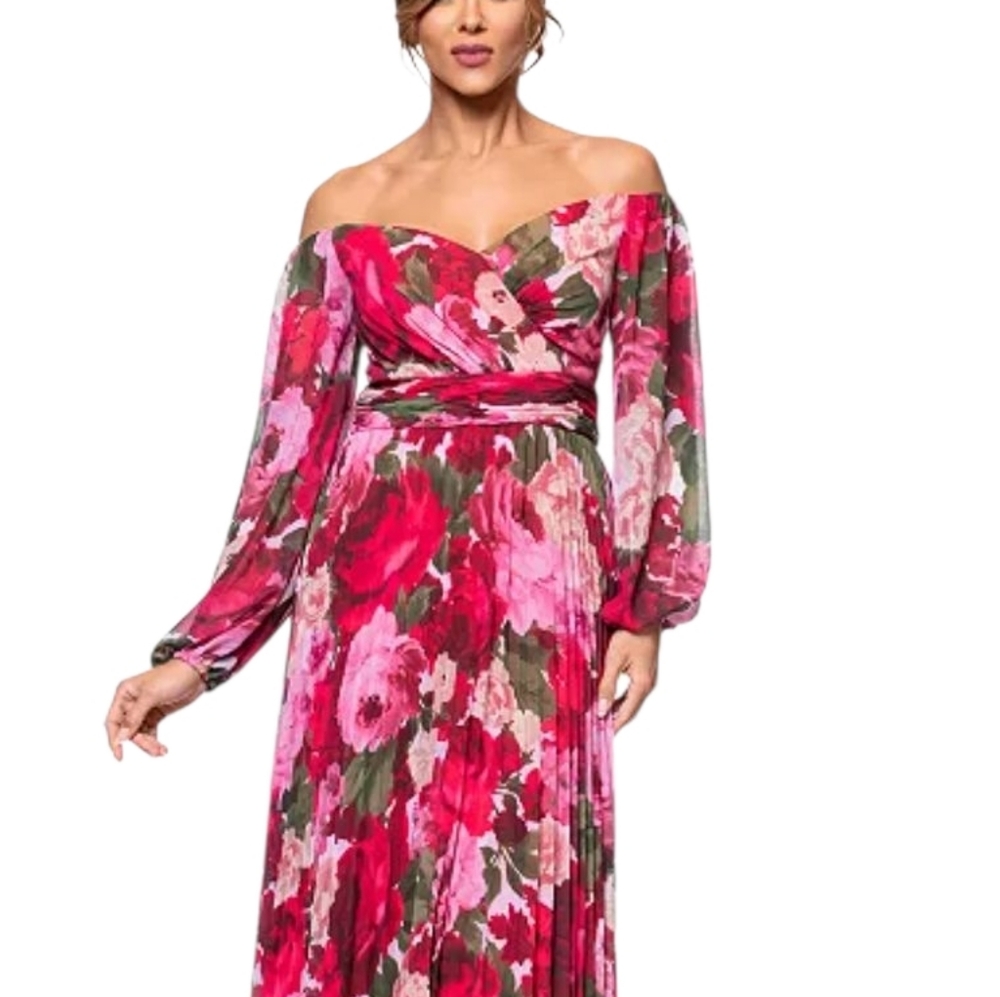 XSCAPE Floral Pleated Off-The-Shoulder Gown - Picture 3 of 10